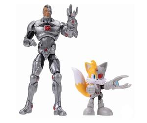 Pack de Figurines DC x Sonic Tails et Cyborg, sous Licence Officielle Jakks Pacific, Comprenant des Figurines Classiques de 6,35 cm et 12,7 cm, Design détaillé et articulé. Collection Sonic x DC.