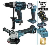Pack de machines outil - Makita - Power PRO 18V: Perceuse 91Nm DDF458 + Meuleuse 125mm DGA504 + Lampe Torche LED 180lm + 3 batt #2