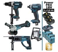 Pack de machines outil - Makita - Power PRO 18V: Perceuse 91Nm DDF458 + Meuleuse 125mm DGA504 + Perforateur 2J DHR202 + Visseus#6