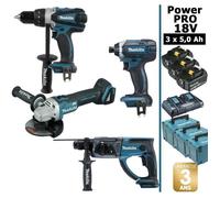 Pack de machines outil - Makita - Power PRO 18V: Perceuse 91Nm DDF458 + Perfo 2J DHR202 + Meuleuse 125mm DGA504 + Visseuse à cho#10