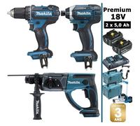 Pack de machines outil - Makita - Premium 18V 5Ah: Perceuse 62Nm DDF482 + Perforateur 2J DHR202 + Visseuse à chocs 165Nm DTD152 + 2