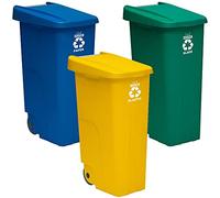 Pack de recyclage Wellhome Container I Recycle 110 litres fermé chacun : 330 litres au total, dans 3 conteneurs, dans les couleurs bleu / vert / jaune