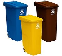 Pack de recyclage Wellhome Container I Recycle 110 litres fermé chacun : 330 litres au total, dans 3 conteneurs, dans les couleurs bleu / jaune / marr