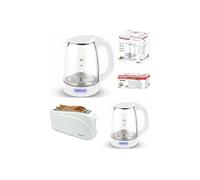 PACK DEJEUNER Bouilloire électrique en Verre Blanche 1L7 2200W + Grille-pain Baguettes Blanc 2 Fentes 1300W