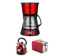 PACK DEJEUNER Cafetière Machine à café Programmable Inox Rouge 1.5L 1000W + Grille-pain Inox Rouge 2 Fentes 1000W + Bouilloire Rouge