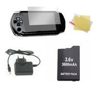 Pack Démarrage Sony PSP Slim & Lite (PSP-2000 / PSP-2004) : Chargeur Secteur, Batterie Haute Capacité et Film de Protection écran - Straße Game ® Noir