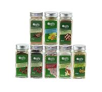 Pack d'épices douces. Idéal pour cadeaux et l'usage quotidien. 8 bocaux en verre, réutilisables. Cannelle, noix de muscade, clous de girofle, gingembre, cardamome, sucre vanillé, Manne Multicolore