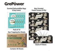 Pack d'essentiels pour la maison - Mouchoirs en boîte C&S (4 boîtes) ×1 + Feuilles anti-transfert de couleur GrePower (40 feuilles) ×1 + Sachets absorbeurs d'humidité parfumés au lin GrePower (10 sach