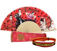 Pack d'éventail avec dessin danse flamenco avec étui artisanal fabriqué en Ubrique et bracelet en tissu - Design traditionnel espagnol souvenir ou cadeau (rouge P Espagne)