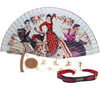 Pack d'éventail avec dessin danse flamenco avec housse artisanale fabriqué en Ubrique et bracelet en tissu - Design traditionnel espagnol Souvenir ou cadeau (4 danseuses blanches)
