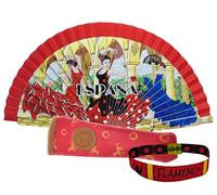 Pack d'éventail avec dessin danse flamenco avec housse artisanale fabriqué en Ubrique et bracelet en tissu - Design traditionnel espagnol souvenir ou cadeau (flamant rose bois rouge)