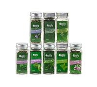 Pack d'herbes aromatiques méditerranéennes. Idéal pour cadeaux et l'usage quotidien. 8 bocaux en verre, réutilisables. Thym, origan, basilic, fenouil, romarin, menthe, persil et menthe poivrée.