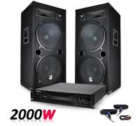 Pack DJ sono PA Enceintes 2x15""/38cm 2000W bassreflex BM SONIC + Ampli 1000W MyDj + CABLES