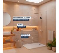 Pack Douche Complet - Paroi Walk-In 100x200 Chrome + Colonne Grohe Vitalio 2 Jets + Receveur Marbre Coulé Blanc 120x90