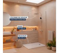 Pack Douche Complet - Paroi Walk-In 100x200 Chrome + Colonne Grohe Vitalio 2 Jets + Receveur Marbre Coulé Blanc 120x80
