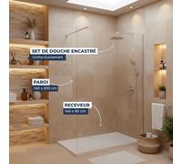 Pack Douche Complet - Paroi Walk-In 140x200 Chrome + Colonne Grohe Eurosmart 2 Jets + Receveur Marbre Coulé Blanc 140x90