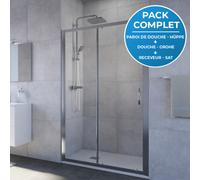 Pack douche : Porte coulissante 120cm + Colonne de douche avec mitigeur thermostatique Grohe + Receveur 120x80cm Blanc