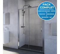 Pack douche : Porte coulissante 120cm + Colonne de douche avec mitigeur thermostatique Hansgrohe + Receveur 120x90cm Noir