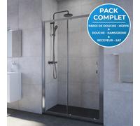 Pack douche : Porte coulissante 120cm + Colonne de douche avec mitigeur thermostatique Hansgrohe + Receveur 120x80cm Noir
