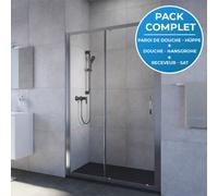 Pack douche : Porte coulissante 120cm + Set de douche avec mitigeur Hansgrohe + Receveur 120x80cm Noir