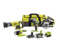RYOBI - Combo 4 outils : Perceuse-visseuse + Scie circulaire + Scie sabre + 1 lampe torche LED + 1 batterie 5,0 Ah et 1 batterie 2,0 Ah + 1 chargeur rapide 2,0 A Livré en sac de transport