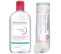 Pack Eau Micellaire Créaline H2O 500 ml et 80 Cotons Ronds HEXACARE OFFERTS - Nettoyant & Démaquillant Visage et Yeux - Peaux Sensibles - Sans Rinçage - Haute Tolérance