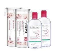 Pack Eau Micellaire Créaline H2O BIODERMA 2 x 500 ml et 2 x 80 Cotons Ronds HEXACARE OFFERTS - Nettoyant & Démaquillant Visage et Yeux - Peaux Sensibles - Sans Rinçage - Haute Tolérance
