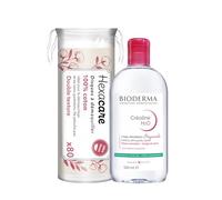 Pack Eau Micellaire Créaline H2O BIODERMA 500 ml et 80 Cotons Ronds HEXACARE OFFERTS - Nettoyant & Démaquillant Visage et Yeux - Peaux Sensibles - Sans Rinçage - Haute Tolérance