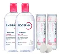 Pack Eau Micellaire Créaline H2O TS 2 x 500 ml et 2 x 80 Cotons Ronds HEXACARE OFFERTS - Nettoyant & Démaquillant Visage et Yeux - Peaux Sensibles Très Sèches - Sans Rinçage - Haute Tolérance