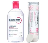 Pack Eau Micellaire Créaline H2O TS 500 ml et 80 Cotons Ronds HEXACARE OFFERTS - Nettoyant & Démaquillant Visage et Yeux - Peaux Sensibles Très Sèches - Sans Rinçage - Haute Tolérance