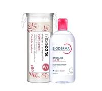 Pack Eau Micellaire Créaline H2O TS BIODERMA 500 ml et 80 Cotons Ronds HEXACARE OFFERTS - Nettoyant & Démaquillant Visage et Yeux - Peaux Sensibles Très Sèches - Sans Rinçage - Haute Tolérance