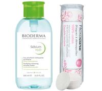 Pack Eau Micellaire Pompe inversé Sébium H2O 500 ml et 80 Cotons Ronds HEXACARE OFFERTS - Nettoyant, Démaquillant & Purifiant - Peaux Mixtes à Grasses - Sans Rinçage - Haute Tolérance