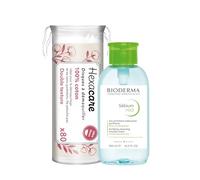 Pack Eau Micellaire Pompe inversé Sébium H2O BIODERMA 500 ml et 80 Cotons Ronds HEXACARE OFFERTS - Nettoyant, Démaquillant & Purifiant - Peaux Mixtes à Grasses - Sans Rinçage - Haute Tolérance