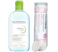 Pack Eau Micellaire Sébium H2O 500 ml et 80 Cotons Ronds HEXACARE OFFERTS - Nettoyant, Démaquillant & Purifiant - Peaux Mixtes à Grasses - Sans Rinçage - Non Comédogène - Haute Tolérance