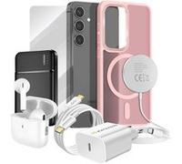 Pack Elite pour Galaxy S24 Coque, Verre, Chargeur, Batterie Externe, Magsafe, Ecouteurs Bluetooth (7 pièces) Rose