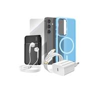 Pack Elite pour Galaxy S24 Coque, Verre, Chargeur, Batterie Externe, Magsafe, Ecouteurs Bluetooth (7 pièces) Bleu clair