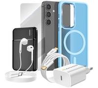 Pack Elite pour Galaxy S24 Coque, Verre, Chargeur, Batterie Externe, Magsafe, Ecouteurs Bluetooth (7 pièces) Bleu clair