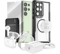Pack Elite pour Galaxy S24 Ultra Coque, Verre, Chargeur, Batterie Externe, Magsafe, Écouteurs Bluetooth (7 pièces) Mayaxess Noir transparent Noir transparent
