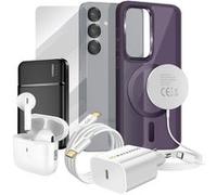 Pack Elite pour Galaxy S25 Coque, Verre, Chargeur, Batterie Externe, Magsafe, Ecouteurs Bluetooth (7 pièces) Violet