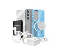 Pack Elite pour Galaxy S25 Coque, Verre, Chargeur, Batterie Externe, Magsafe, Ecouteurs Bluetooth (7 pièces) Bleu clair