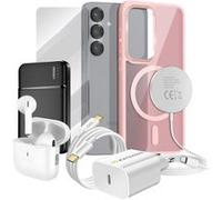 Pack Elite pour Galaxy S25 Coque, Verre, Chargeur, Batterie Externe, Magsafe, Écouteurs Bluetooth (7 pièces) Mayaxess Rose Rose