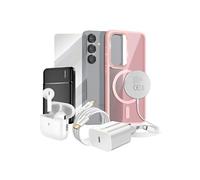 Pack Elite pour Galaxy S25 Coque, Verre, Chargeur, Batterie Externe, Magsafe, Ecouteurs Bluetooth (7 pièces) Rose