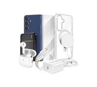 Pack Elite pour Galaxy S25 FE Coque, Verre, Chargeur, Batterie Externe, Magsafe, Ecouteurs Bluetooth (7 pièces) Transparent