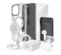 Pack Elite pour iPhone 15 Pro Coque, Verre, Chargeur, Batterie Externe, Magsafe, Écouteurs Bluetooth (7 pièces) Mayaxess Argent Argent