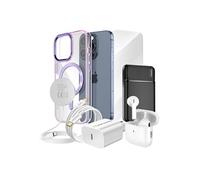 Pack Elite pour iPhone 15 Pro Coque, Verre, Chargeur, Batterie Externe, Magsafe, Ecouteurs Bluetooth (7 pièces) Violet