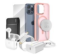 Pack Elite pour iPhone 15 Pro Max Coque, Verre, Chargeur, Batterie Externe, Magsafe, Ecouteurs Bluetooth (7 pièces) Rose