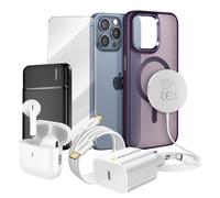 Pack Elite pour iPhone 15 Pro Max Coque, Verre, Chargeur, Batterie Externe, Magsafe, Écouteurs Bluetooth (7 pièces) Mayaxess Violet Violet
