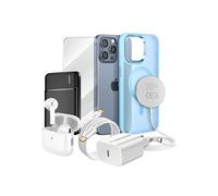 Pack Elite pour iPhone 15 Pro Max Coque, Verre, Chargeur, Batterie Externe, Magsafe, Écouteurs Bluetooth (7 pièces) Mayaxess Bleu Bleu