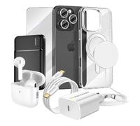 Pack Elite pour iPhone 16 Pro Coque, Verre, Chargeurs, Batterie externe, Magsafe, Ecouteurs Bluetooth (8 pièces) Transparent