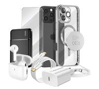 Pack Elite pour iPhone 16 Pro Max Coque, Verre, Chargeur, Batterie Externe, Magsafe, Écouteurs Bluetooth (7 pièces) Mayaxess Argent Argent